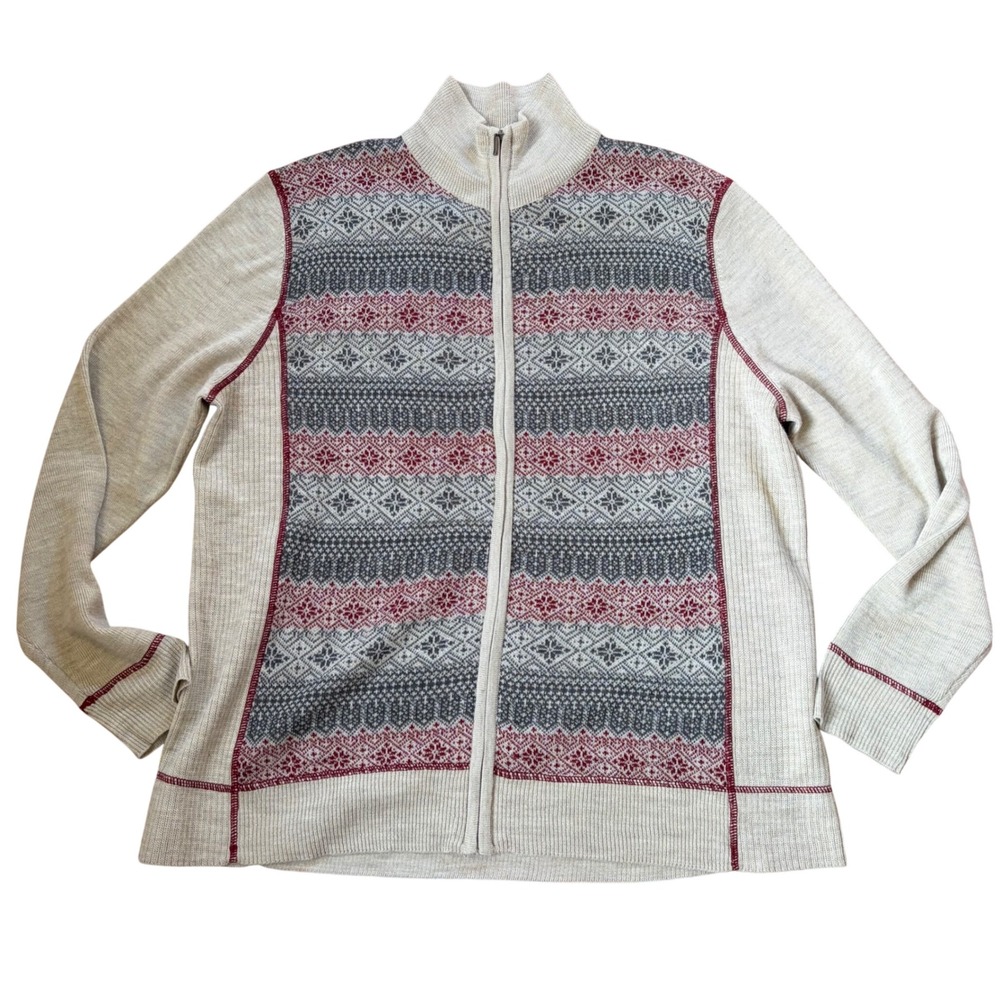 Eddie Bauer Fair Isle Nordic Cardigan Sweater Wool Blend Cream Red XXL Classic